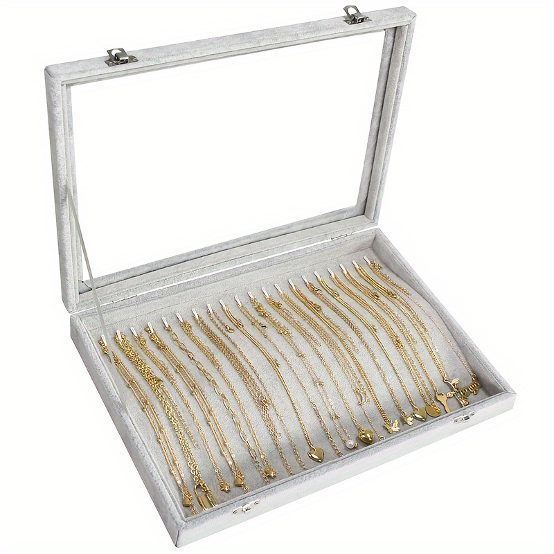 TEMU 1pc Necklace Organizer Box With Clear Lid Velvet Tray For Jewelry Storage Display Case, 20 Drawer Insert Necklaces Pendants, Dustproof Necklace Jewelry Box, Organizer & Tray (grey Black)