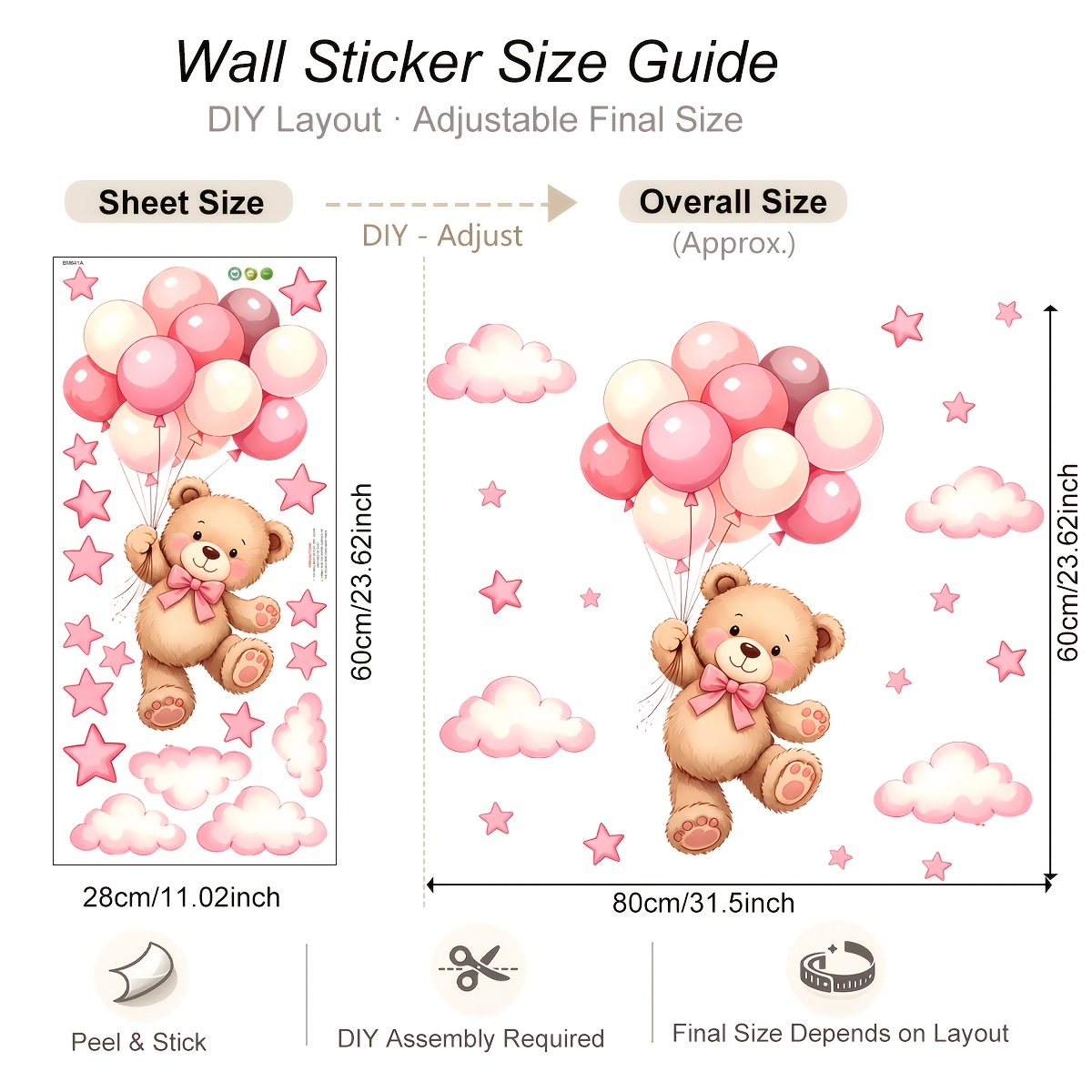 TEMU 1 niedlicher Teddybär-Wandaufkleber mit Schleife, Wandtattoo mit rosa Ballon, Wolke Stern, abziehbarer Cartoon-Tier-Wandaufkleber zum Aufkleben
