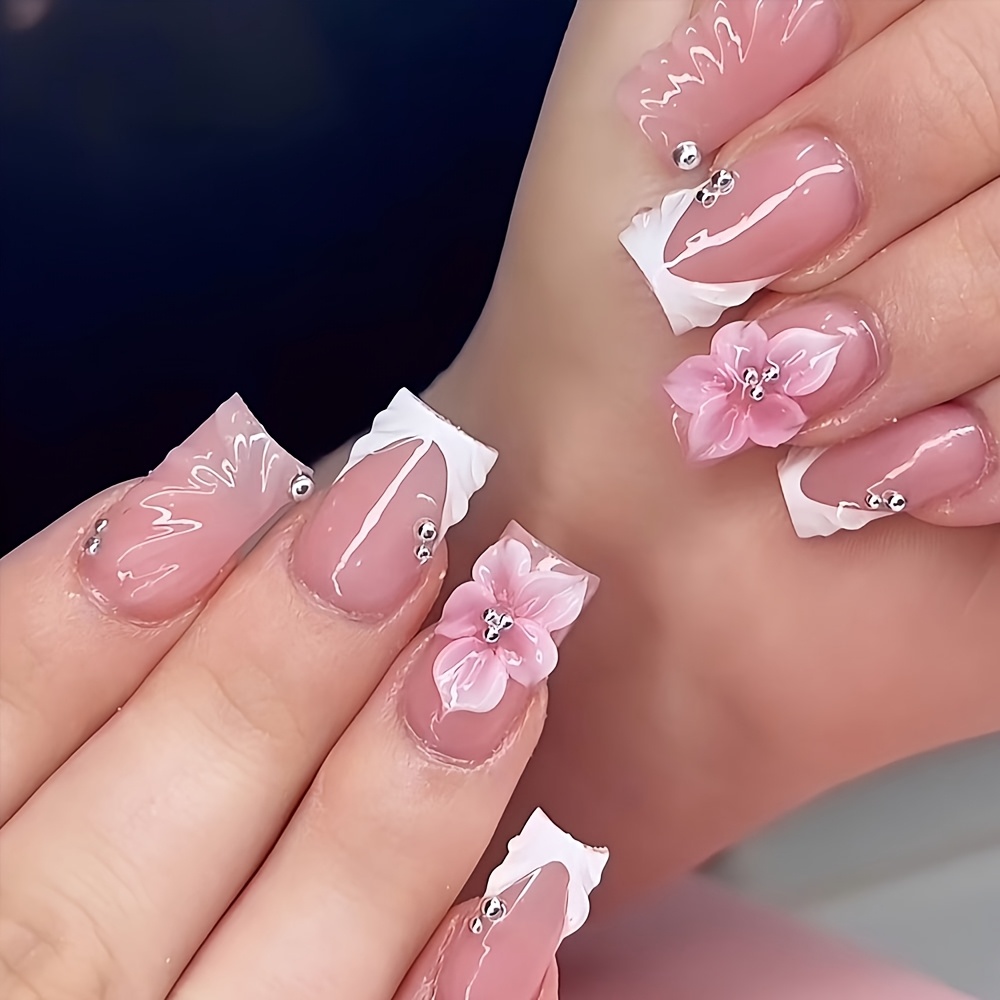 TEMU 24pcs 3D Blanche avec Ongles en à , Inclut des Outils pour les Ongles, Qualité Salon de Manucure, Idéal pour des Ongles des Femmes