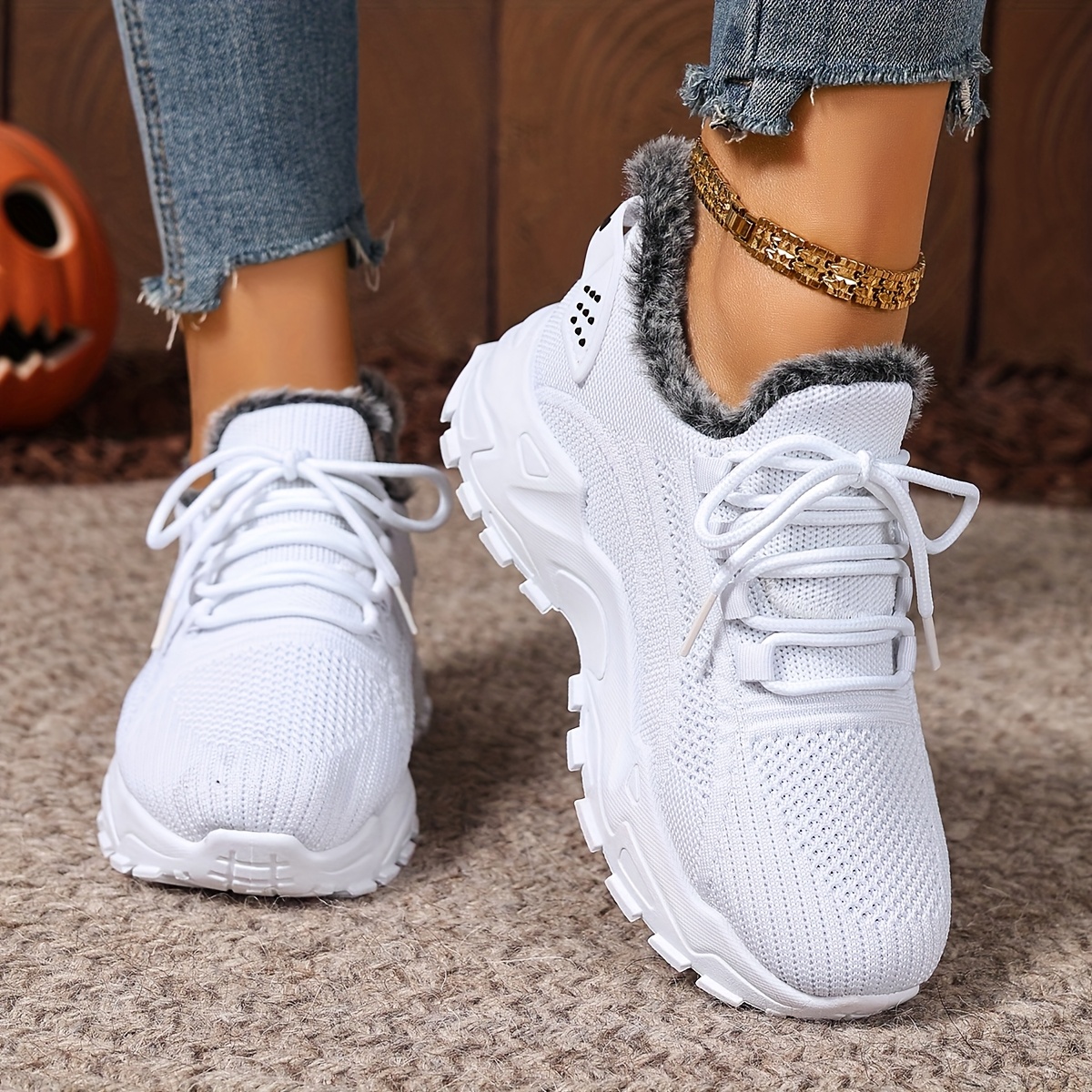 Plus Size Women's Warm Knitted Snow Sneakers for Outdoor Use