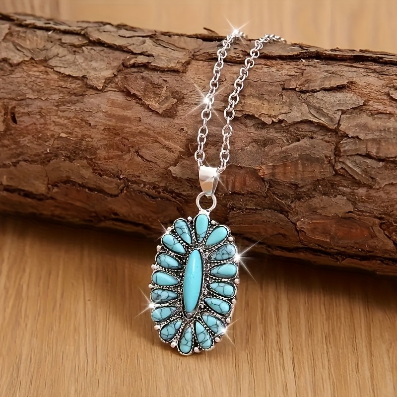 

1pc Vintage Style Synthetic Turquoise Pendant Necklace For Women, Alloy Chain, For And Parties