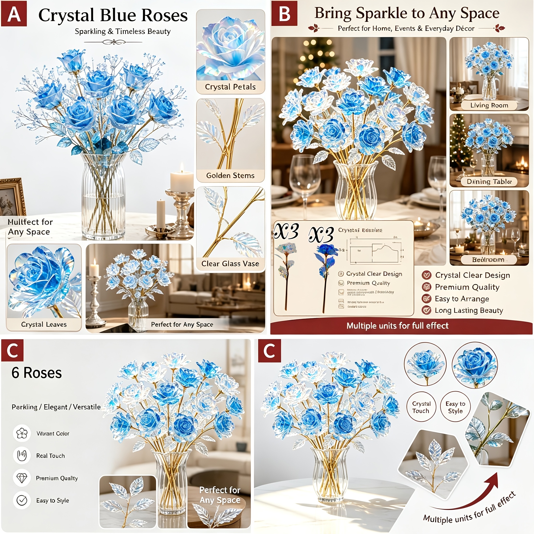 TEMU Set da 6 pezzi di rose artificiali che ad attivazione luminosa - Bouquet realistico in , realizzato con petali e in plastica, per decorazioni da