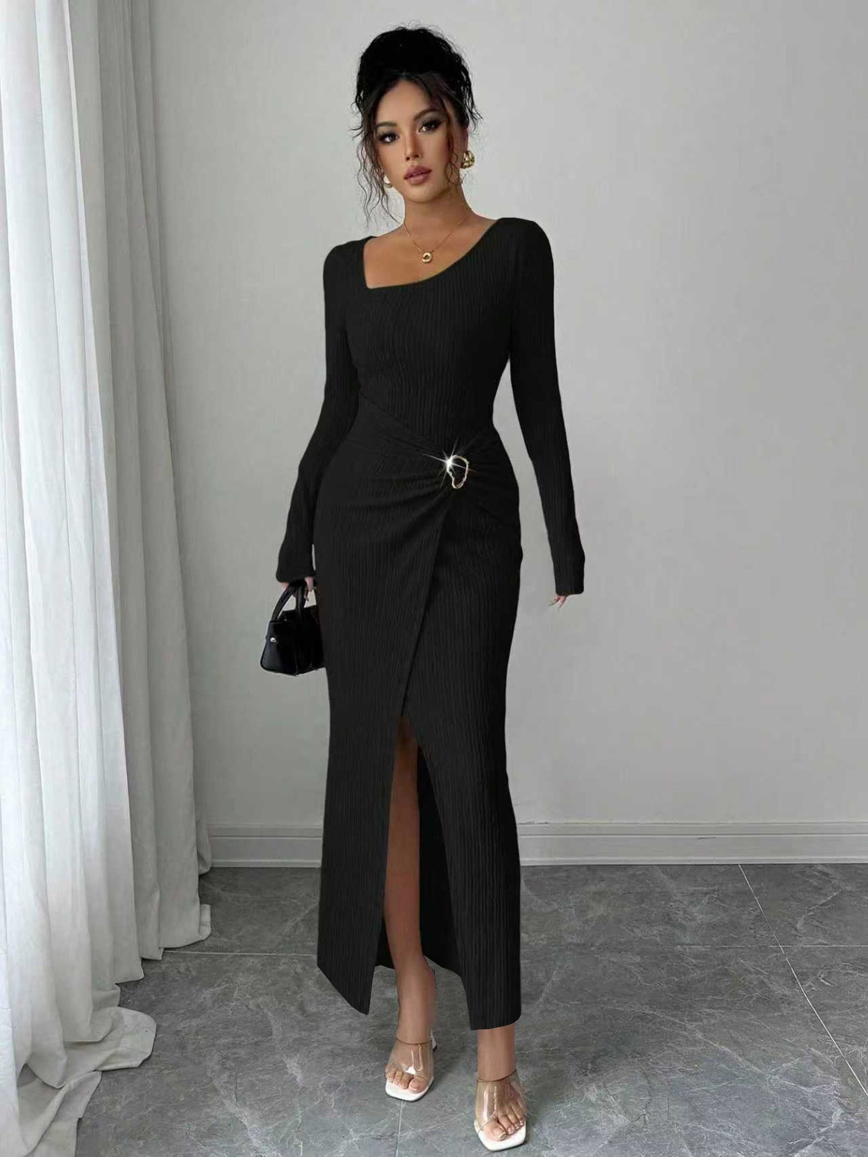 conservative bodycon dress womens solid twist maxi dress irregular