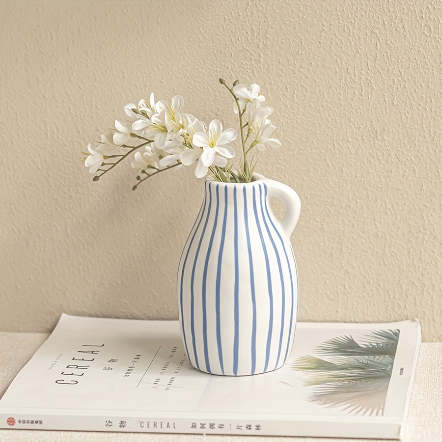 

Vintage Hand-painted Ceramic Vase With Stripes - Round Decorative Flower Vase For Living Room, Tea Room, And Home Decor - Striped Pattern Ceramic Tabletop Vase