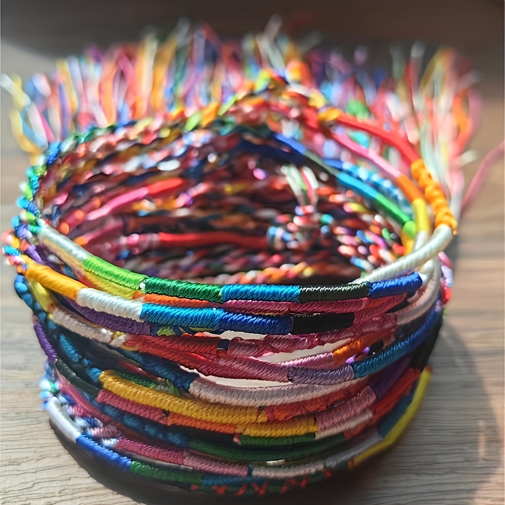 

Set/50pcs, Elevate Your Style: 50-pack Rainbow Braided Friendship Bracelets/anklets - Boho Chic, Versatile & Perfect Gift