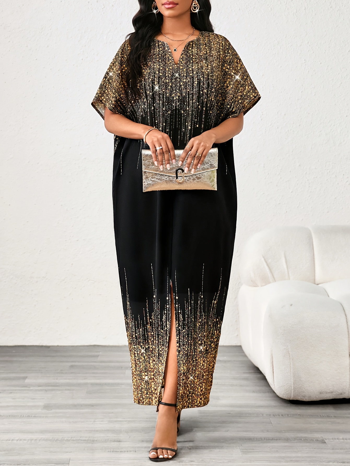 slim fit dress slacks Black & Gold Floral Printed Dress – Amukti