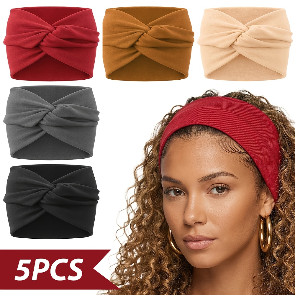 5-Pack Womens Large Non-Slip Boho Headwraps, Elastic Wide Headbands Suitable for Yoga, Workouts, Running, Bandana-Style Hair Accessory