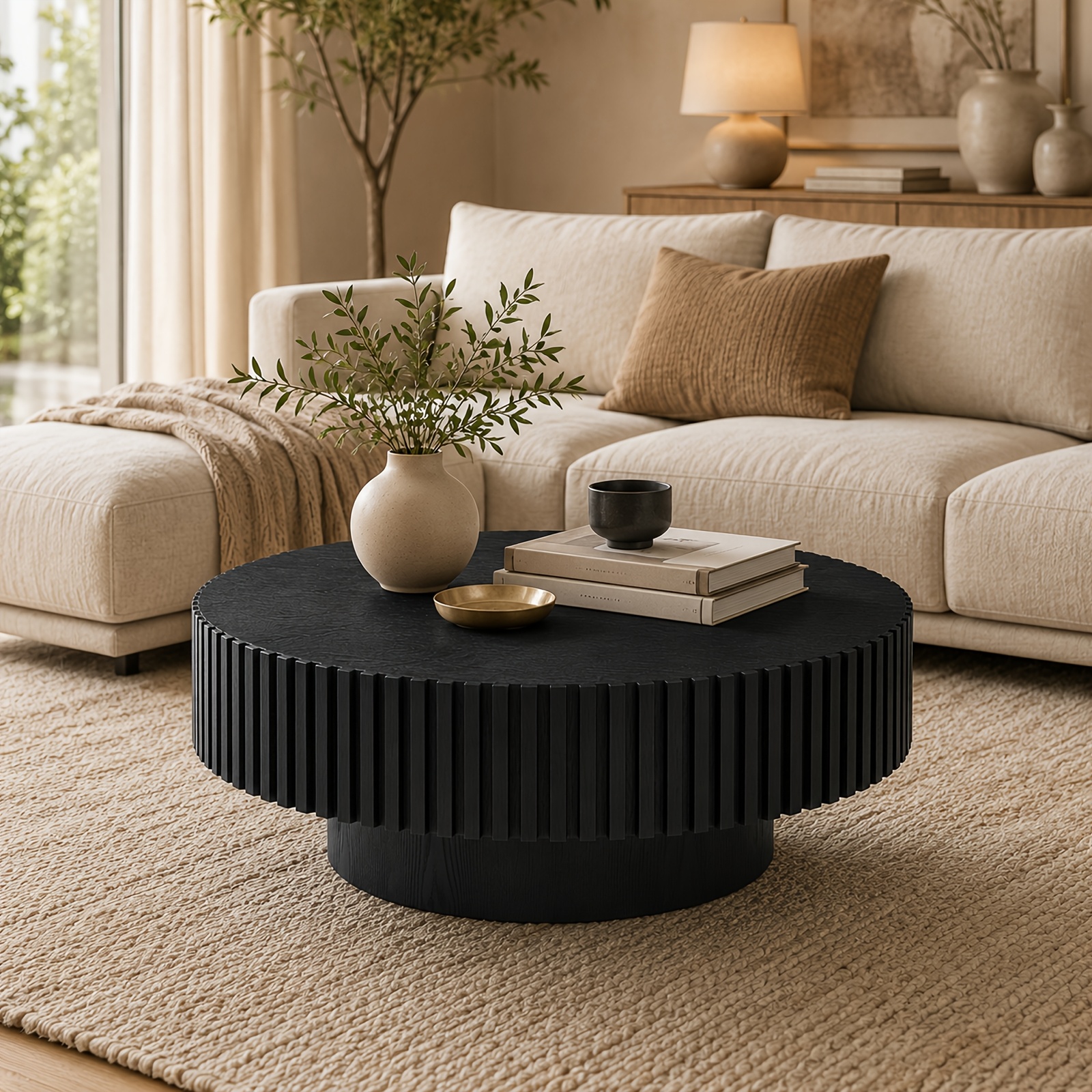 Image of Modern Round Coffee Table With Recessed Grooved Design & Wood Grain Top - Suitable For Living Room, Study, Diameter Table (80cm), Assembly, Space-saving Contemporary Furniture In Black/red-brown