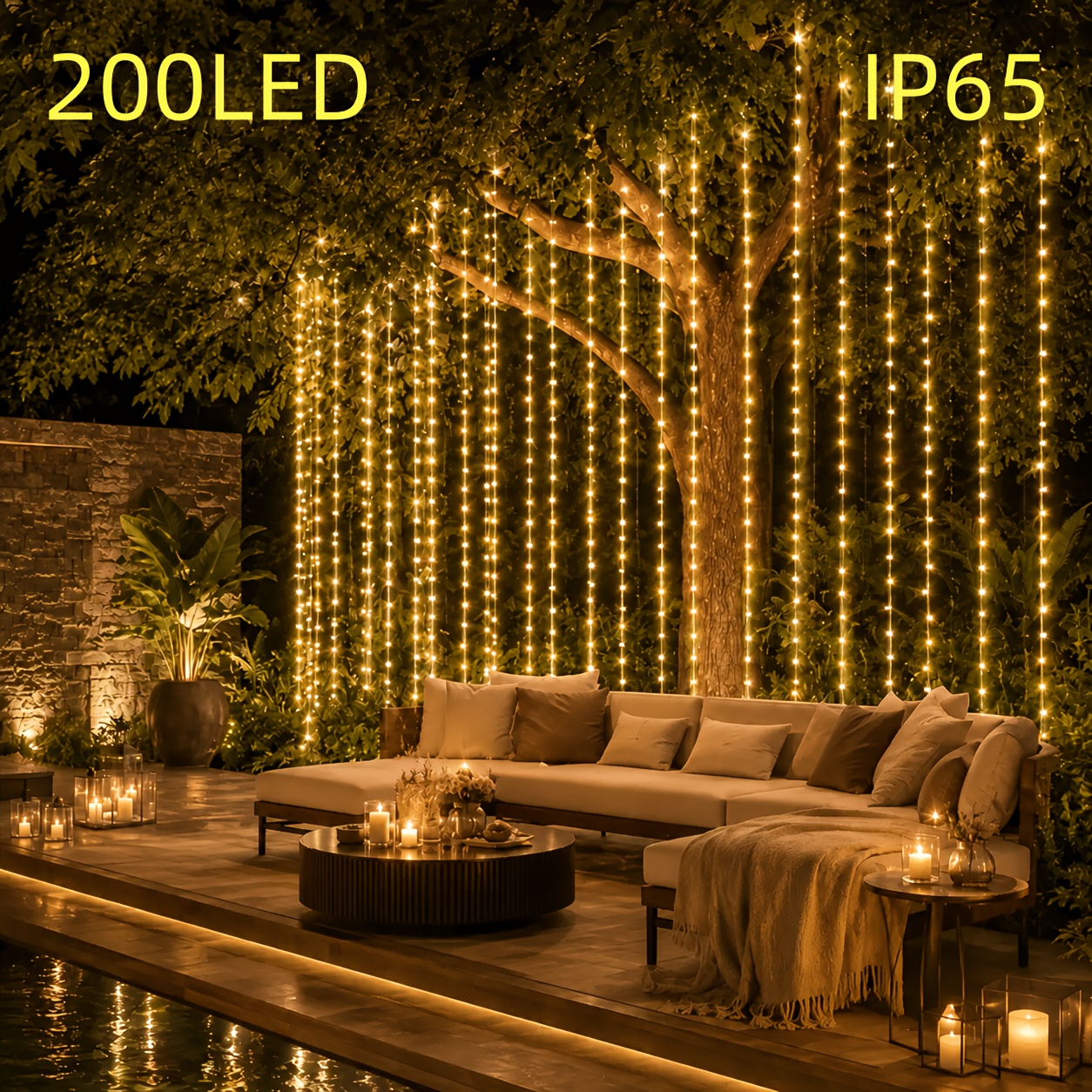 TEMU Battery Powered 200 Led Curtain Waterfall Fairy Lights, Hanging String Lights For Garden Wedding Halloween Outdoor Decor, Batteries