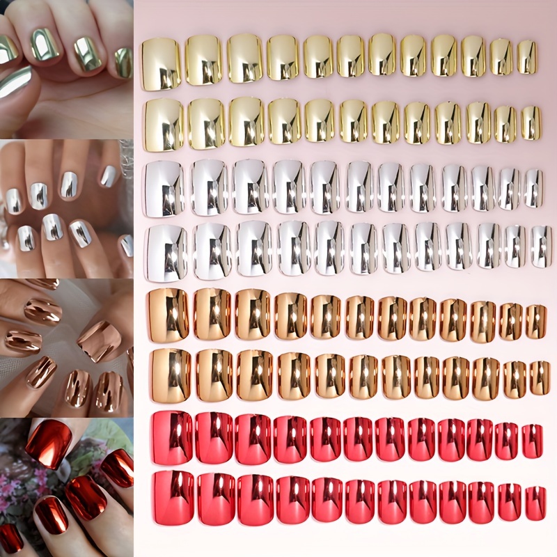 

Ensemble d'Ongles Artificiels Brillants Style Punk Métallique Argenté à Pression, Ongles Courts Carrés Métalliques à Réfléchissant 96pcs