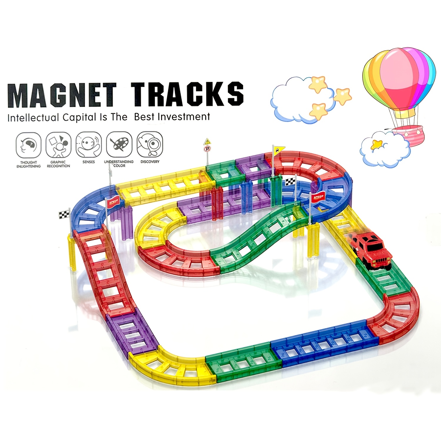 

47pcs Magnetic Track & Car Set - Stem Educational Toy With Road Signs For , Abs Construction, Ideal Christmas Or Birthday Gift