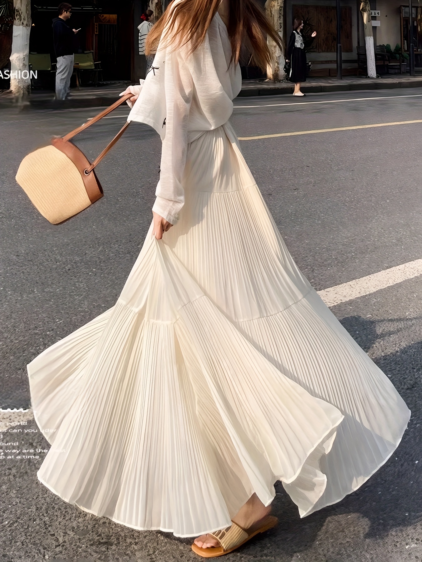 Women'S Fashion Long Skirt, Casual, Loose Fit, No Belt, Solid Color,  Regular Length, Summer, Pleated Hem, Polyester, Non-Stretch, with Lining,  for