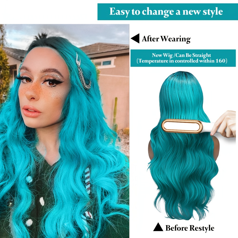 Long Wavy Mermaid Hair Wig for Women Teal Blue Green, Heat Resistant  Synthetic Fiber, Side Part, Curly Wave, Ideal for Music Festivals, Theme