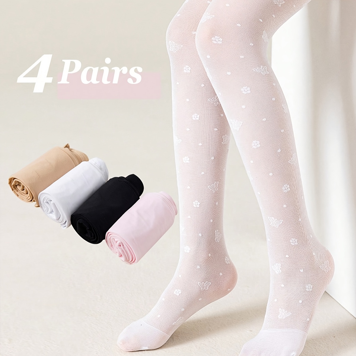 4pcs Girls' Summer Mesh Footed Tights. Sizes Run Small, Please . Refer To The Size Chart