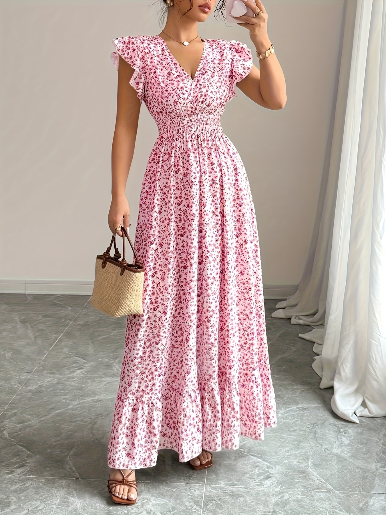 green emerald velvet dress Elegant Floral Puff Sleeve Maxi Dress S main image 1
