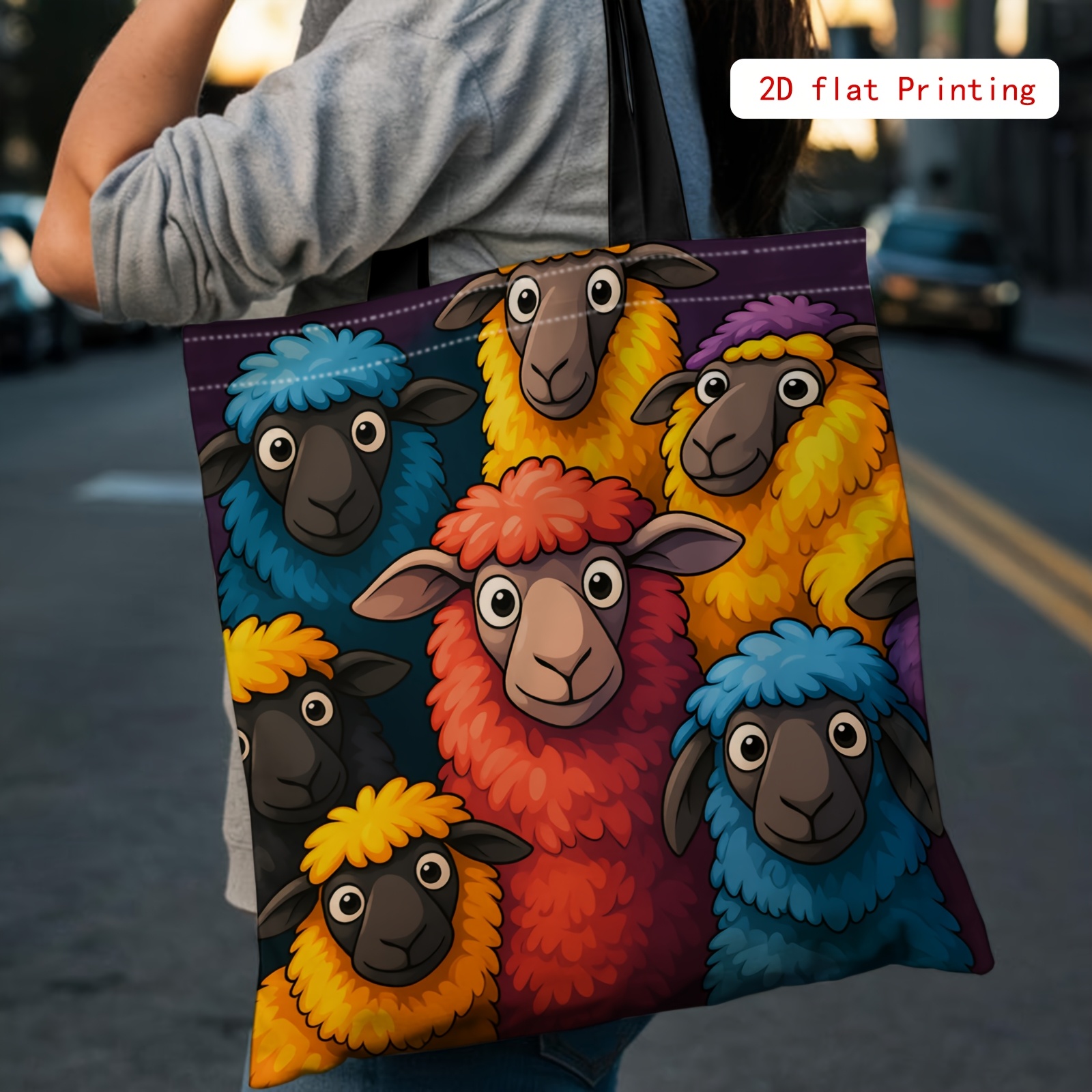 TEMU 1pc 2d Printed Colorful Sheep Pattern Handbag, Fashion Bag With Fixed Shoulder Strap, Single Shoulder Tote Bag, Durable, Suitable For Groceries,