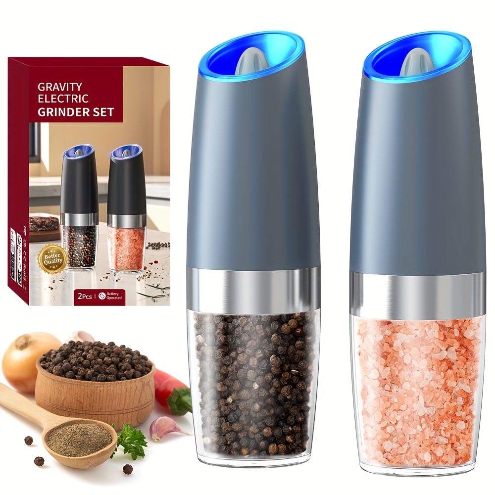 TEMU 1/2pcs Gravity Sensing Hands Free! Cliton Salt And Pepper Shaker Set Electric Grinder Large Capacity With Led Light Multiple Colors