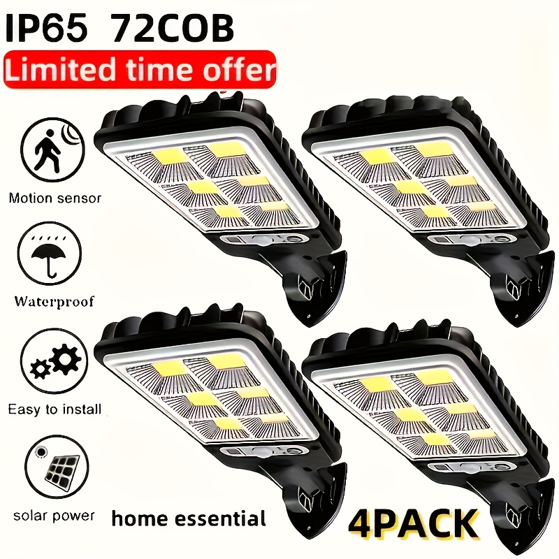TEMU 1/4 Pack Lampe Solaire de Rue avec Détecteur de Mouvement, Projecteur LED Sécurité Murale, Télécommande, 3 Modes de Fonctionnement, pour Jardin