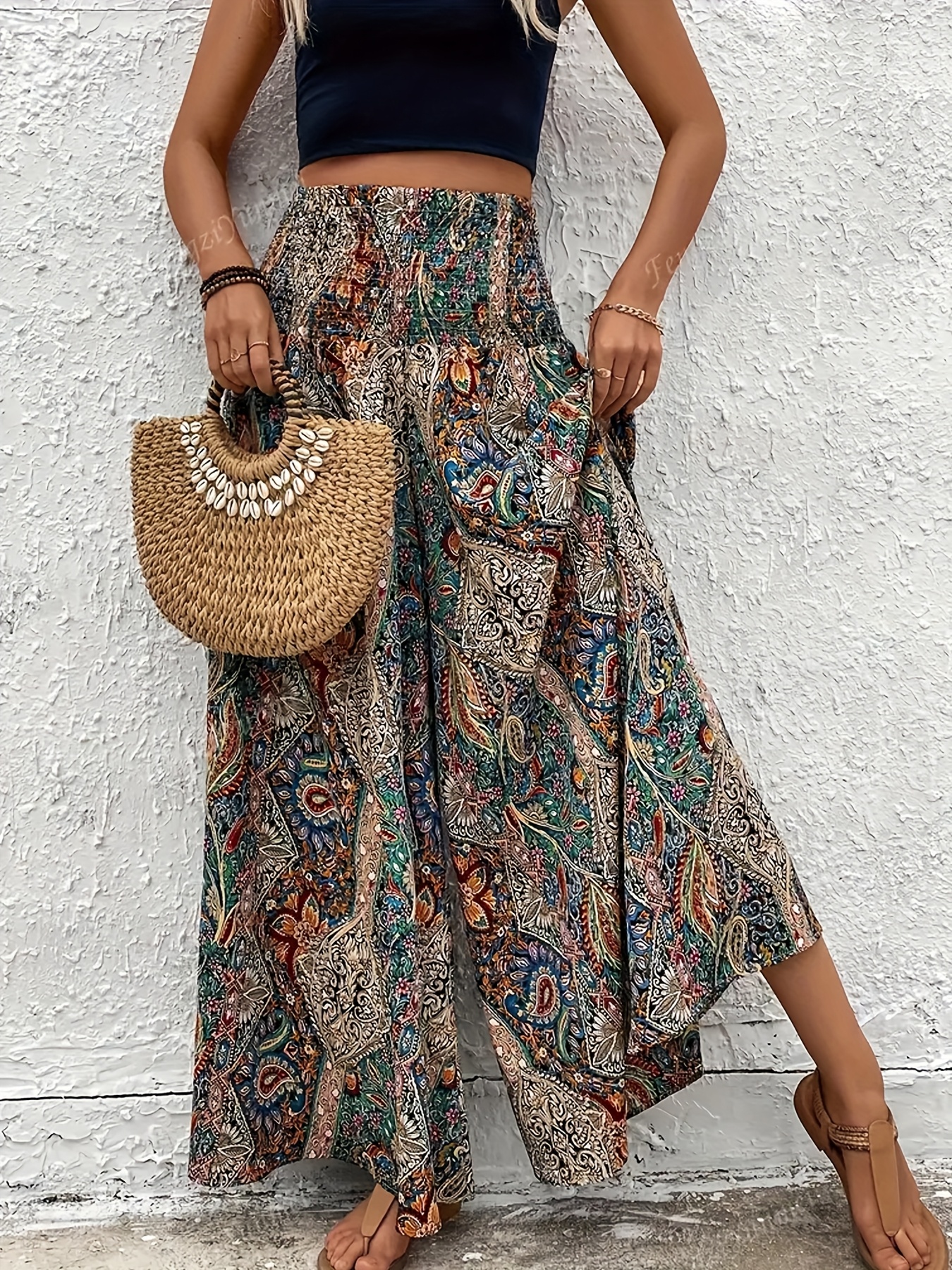 spring summer autumn womens fashion casual pants elegant bohemian style elastic waist high waist wide leg pants