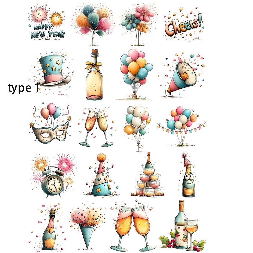 Image of 1 Pack Of New Year Party Stickers 2d Flat Creative Handmade Sticker Decoration Diary Album Photo Stationery Stickers School Handmade Material Sticker Set Decoration