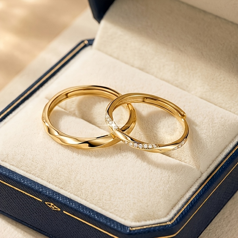 Elegant 2pcs/Set Wedding Ring Set - Inlaid with Sparkling Synthetic Cubic Synthetic Cubic Zirconiaia - Unisex - Adjustable Open Ring - Suitable for Couples - Proposal Wear - Minimalist Luxury Style - Exquisite Gift for Women - Valentine's Day Gift