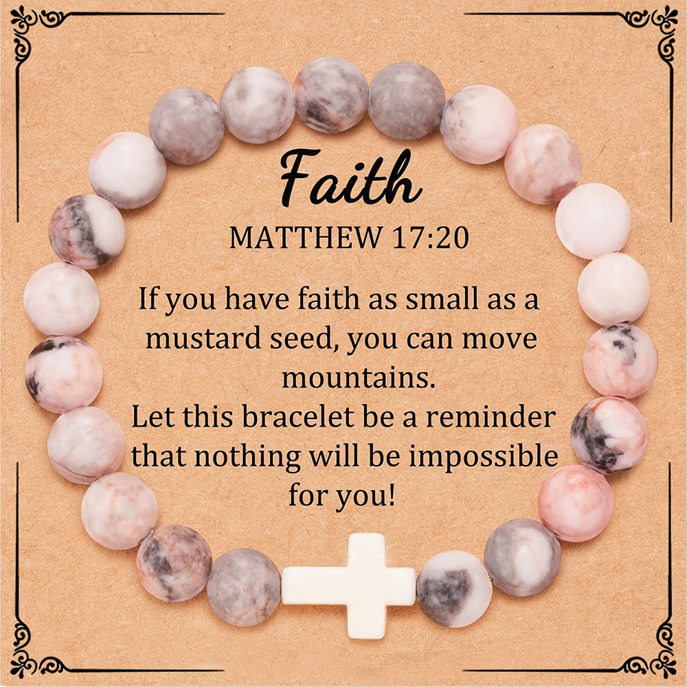 Vintage-Inspired 8mm Natural Stone Cross Bracelet - Perfect Christian Gift with Prayer Card, All-Season Wear for Women