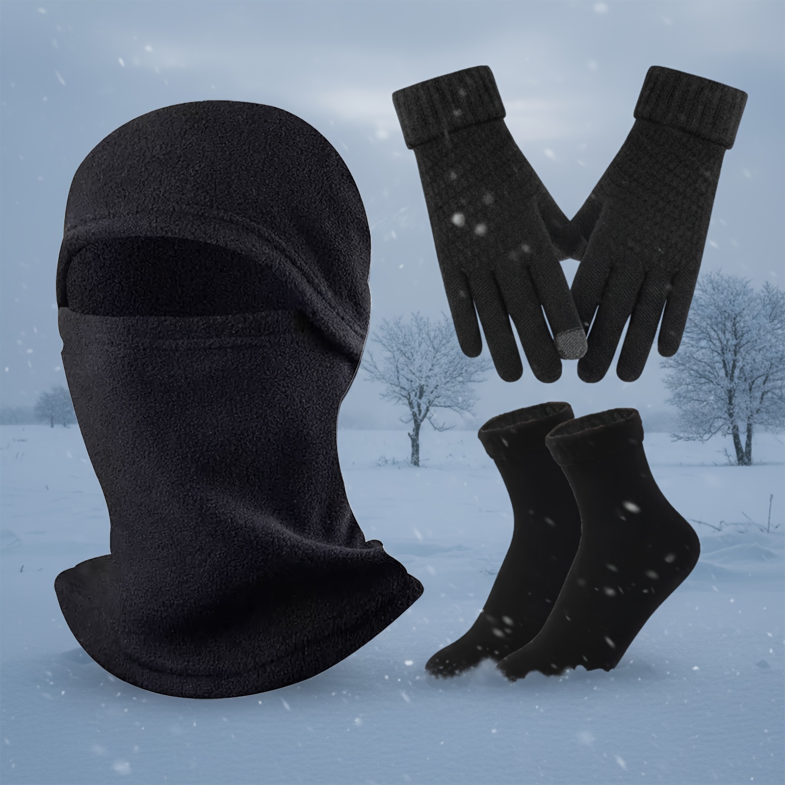 TEMU [3pcs Set]winter Warm Knitwear Set - Thickened Windproof Hat +gloves + Warm Socks | Windproof| Unisex Outdoor Sports 3pcs Set | Essential Cold