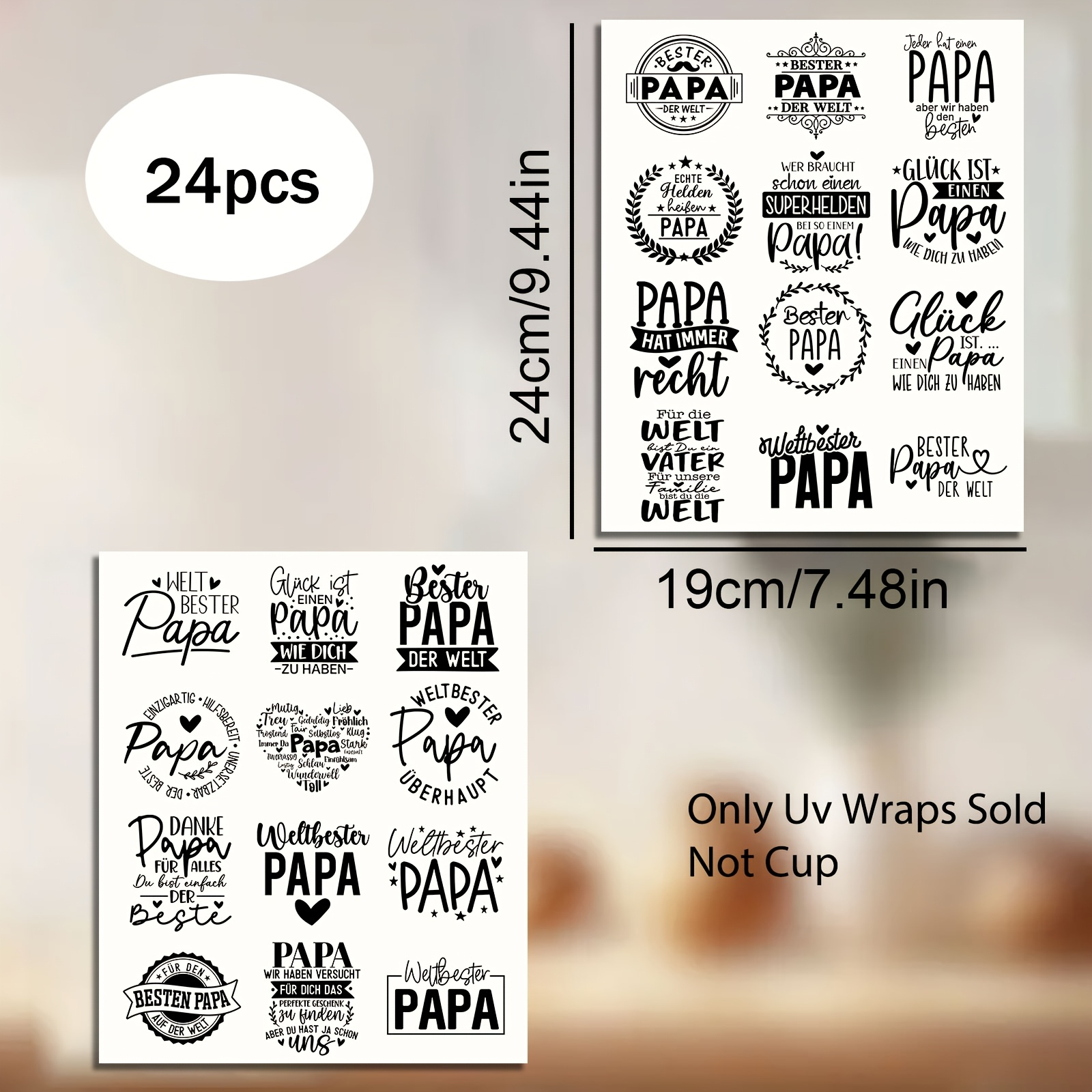 E-shop Deutsche Vater Motivationssprüche UV DTF Transferaufkleber - 24 Stück Vatertags-Sprüche für Becher, Glas, DIY Dekorative Aufkleber zum Aufbügeln