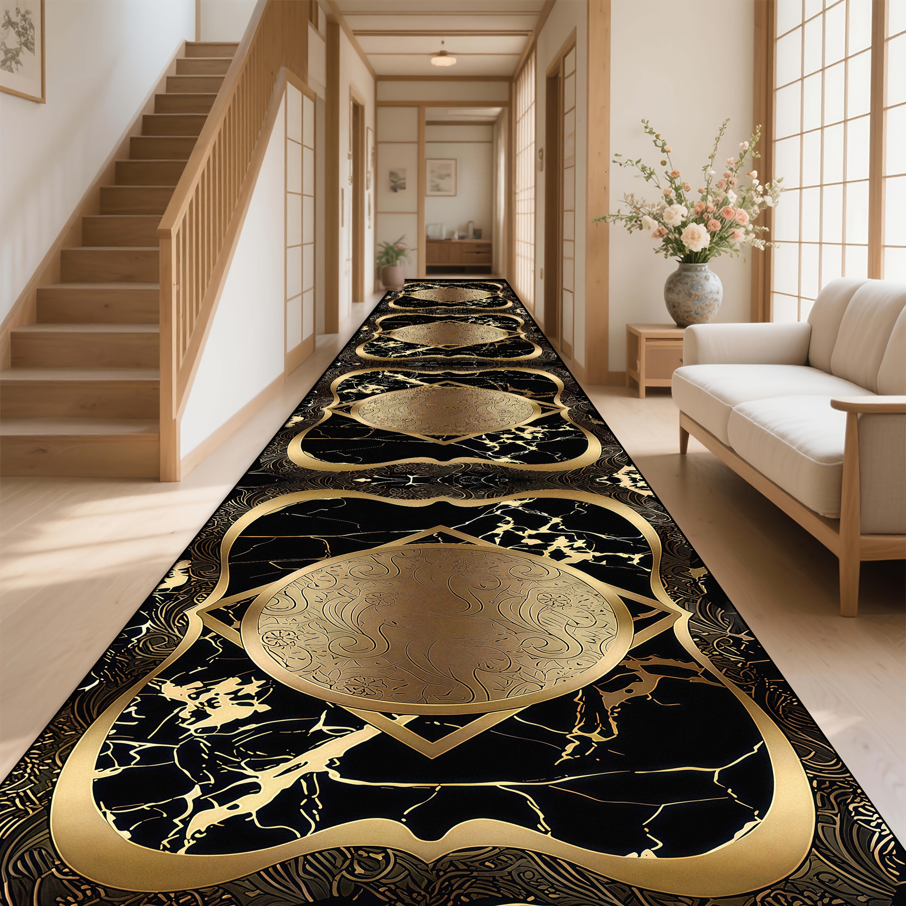 TEMU Shipping: 1pc Of Golden Diamond Velvet, A Luxurious Long Runner Rug With A Golden Patterned Design. A High-quality, Stylish And Mat, Durable,