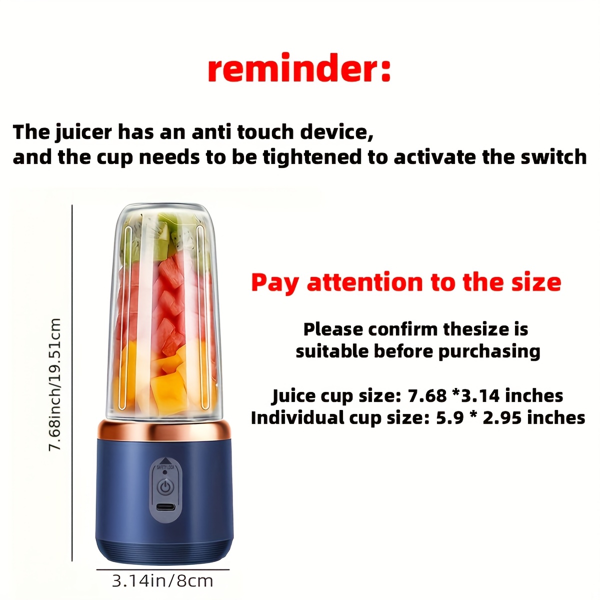 13 53oz portable electric juicer blender wireless rechargeable   mixer with   dual cup suitable for smoothies vegetables and fruits button control usb c charging food grade abs material non heating 1500mah battery Product details 5