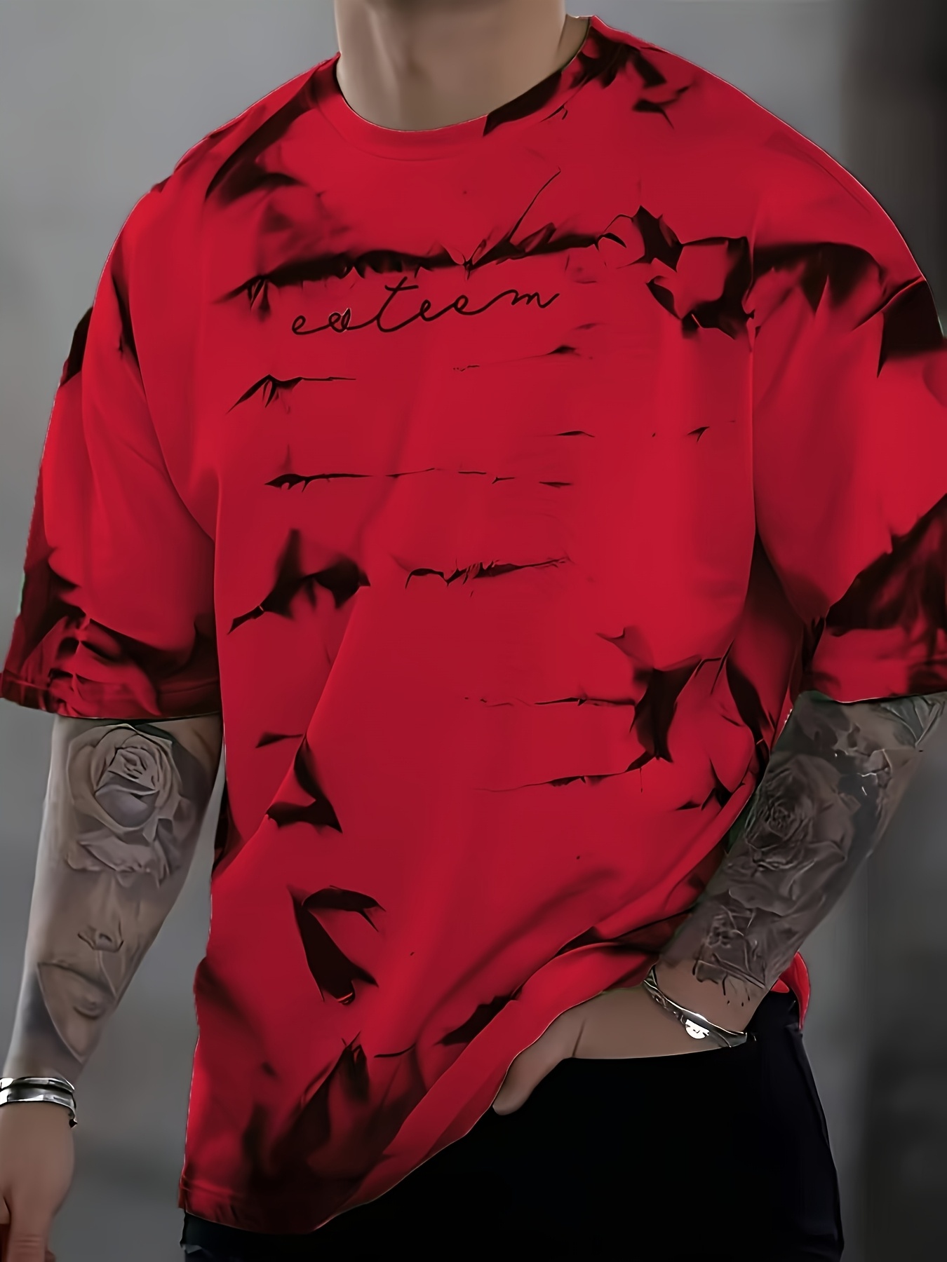 Men's Casual Short Sleeve T-Shirt - Gradient Ink Splatter & Bird Pattern Design, Green & White Opaque Polyester Blend Knit Fabric, Breathable Round Neck Tee for Spring/Summer Daily Wear & Vacation, Leisure Apparel, Relaxed Fit Shirt, Opaque Material, PLUS SIZE