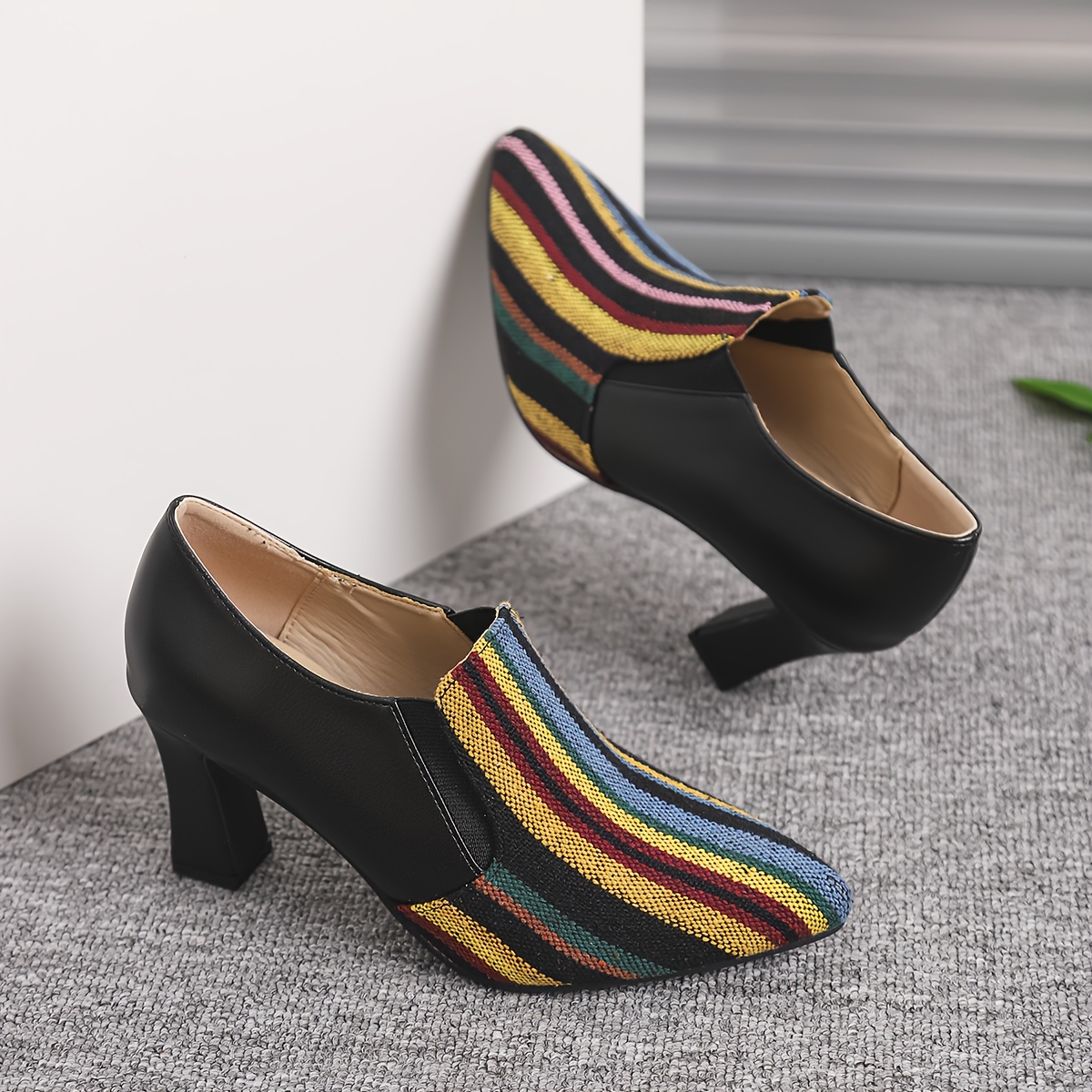 Women's Retro Chunky High Heel Mary Jane Shoes - Pointed Toe with Multicolor Striped (Rainbow/Black) Faux Cover Upper, Comfortable Block Heel & TPU Sole, All-Season Versatile Dress Shoes for Casual & Formal Events