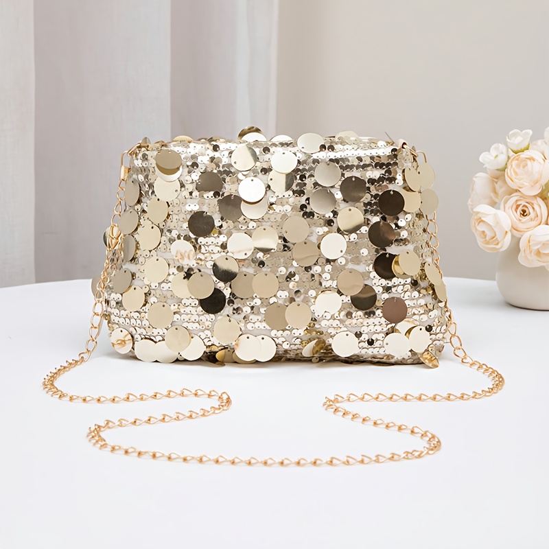 Image of Golden Hot Sequin Decorative Crossbody Bag/pu Material For Outdoor Shopping, Commuting, Zipper Closure, Single Shoulder Crossbody Bag