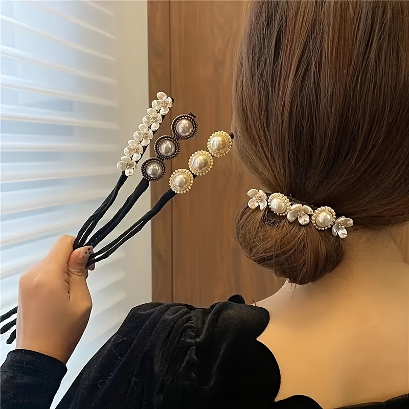 

chic Duo" 2-piece Elegant Faux Pearl Hair Bun Maker - Easy Twist & Clip, Chic Floral Design For Women And Girls