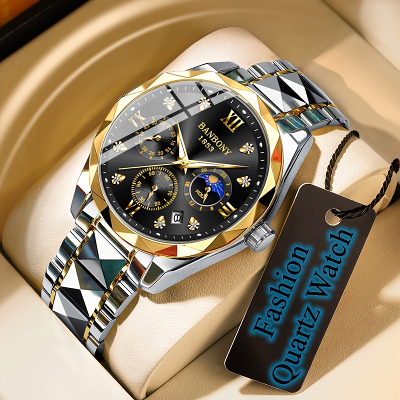 Banbony Men'S Quartz Watch Stainless Steel with Rhinestone Roman Numerals HD Large Dial Waterproof Luminous Display Date Calendar Multi-Function Silent Watch Fashionable Appearance Men'S Luxury Gift for Birthday, Family Gathering, Party