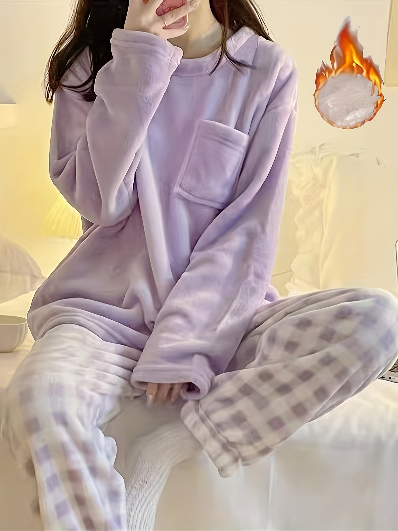 Soft Warm Pajamas Set Comfortable Long Sleeve Pajama Top Plush Pajama Pants Women s Loungewear Sleepwear