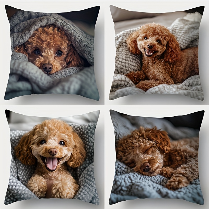 TEMU 4pcs Set, Printed Pillowcase, Poodle Theme, Are Either Wrapped In Blankets, Smiling With Their Mouths Open, Or Sleeping. This Pillow Is Suitable
