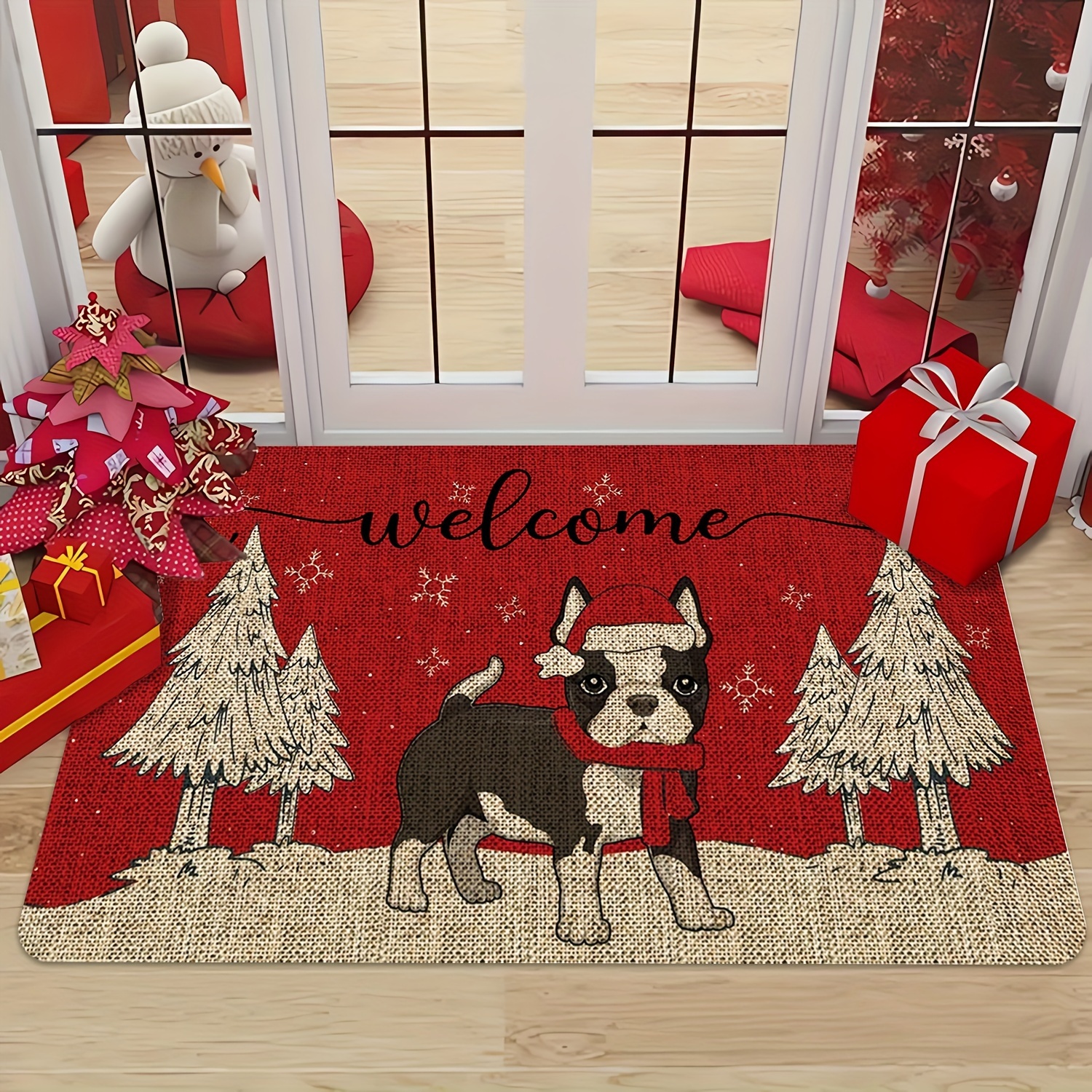 

Merry Christmas Puppy & Tree Pattern Door Mat - Non-slip, Easy Clean, Stain Resistant, Machine Washable For Living Room, Bedroom, Kitchen, Office - Indoor/outdoor Entrance Rug With & Memory Foam