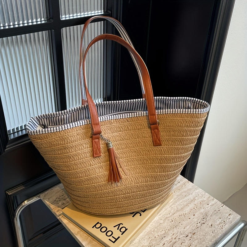 

Sac Fourre-tout En Paille Tissée, Sac À Bandoulière Simple À Doublure Rayée, Sac De Plage À Décor De Pompon Rétro Pour Les Vacances De Voyage