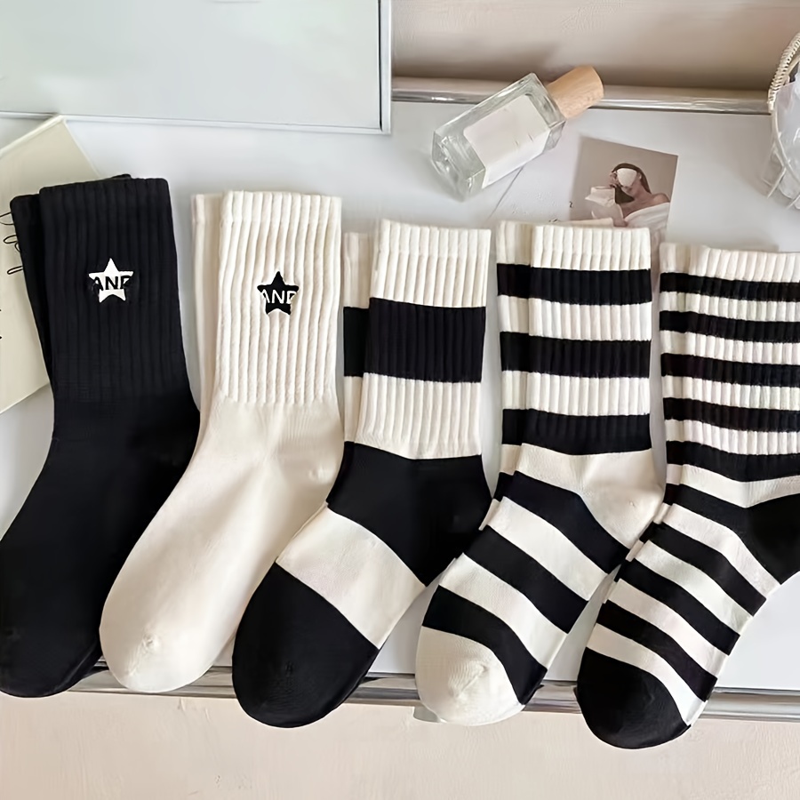 TEMU 5 Pairs & Striped Crew Socks, & Mid Socks For Fall & , Women's Stockings & Hosiery