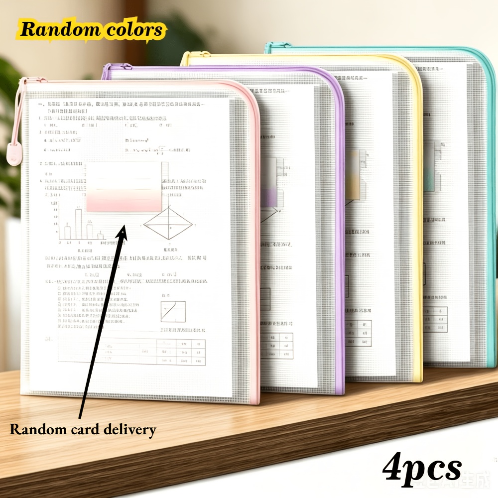 TEMU 4-pack A4 Wide Opening Mesh File Bags, Clear Document Organizer Pouches Slot, Large-capacity File Folders For Office , School Supplies, Random