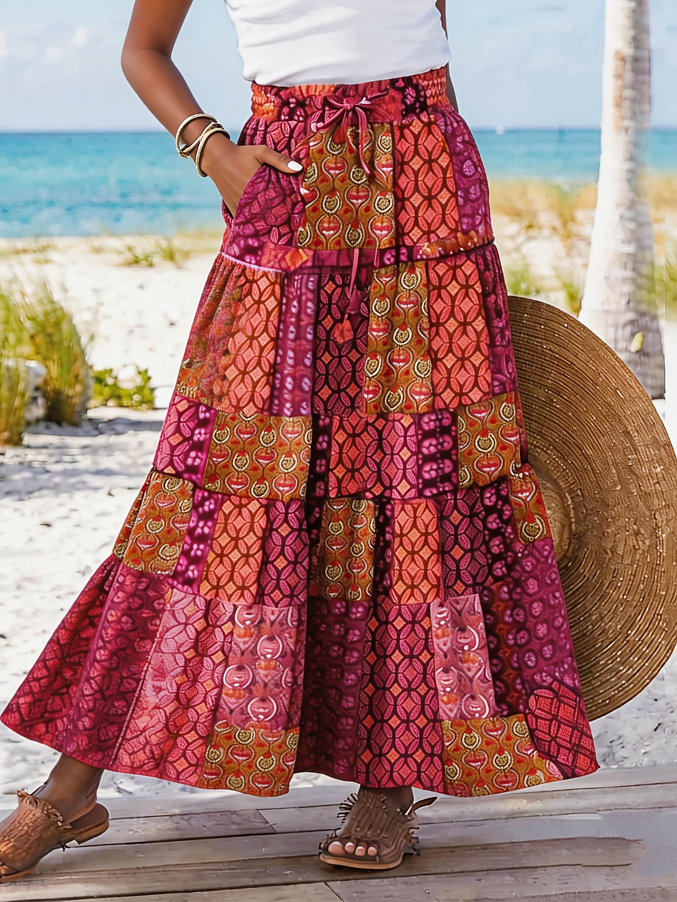 Bohemian Maxi Dress - Summer Elegant Ethnic Print Midi-to-Maxi Skirt  Suitable for Vacation * & Daily Outfits - Machine Washable Flowy Dress
