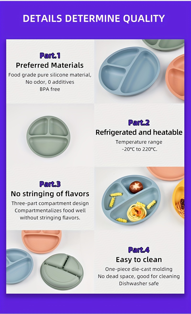   food grade silicone dinner plate three compartments round thickened reinforced round plate high temperature resistant soft plate training tableware compartment plate details 2