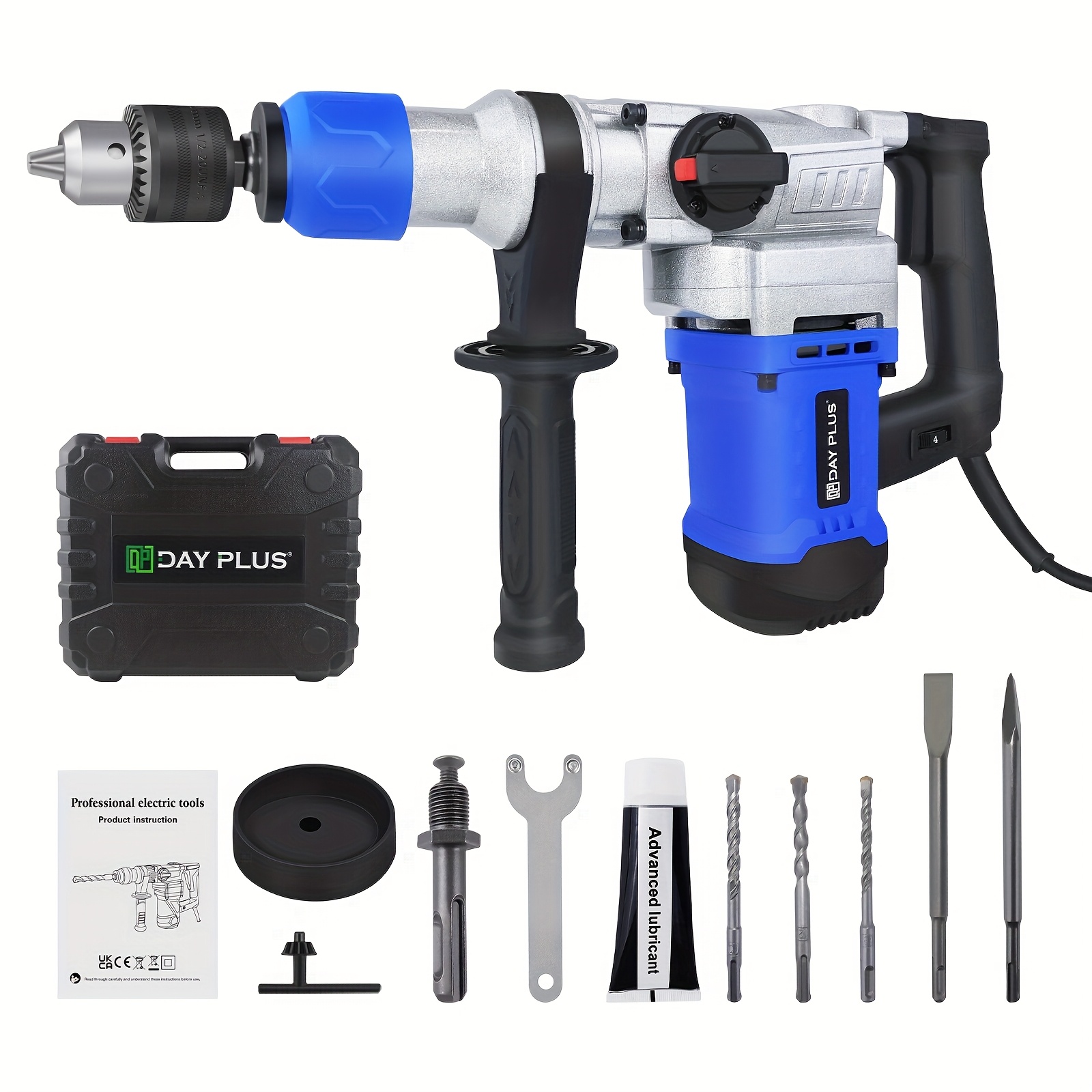 Electric Concrete Drill Breaker Kit 360°rotating Handle, 6 Variable Speed, With Grease, Chisel, Drill Bits