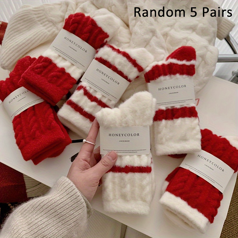 Image of 3/5 Pairs Random Style Women's Mid-calf Socks For Autumn And Winter - Thickened And Plush Universal Indoor Home Slippers Socks, Creative Striped Design, Comfortable For Daily