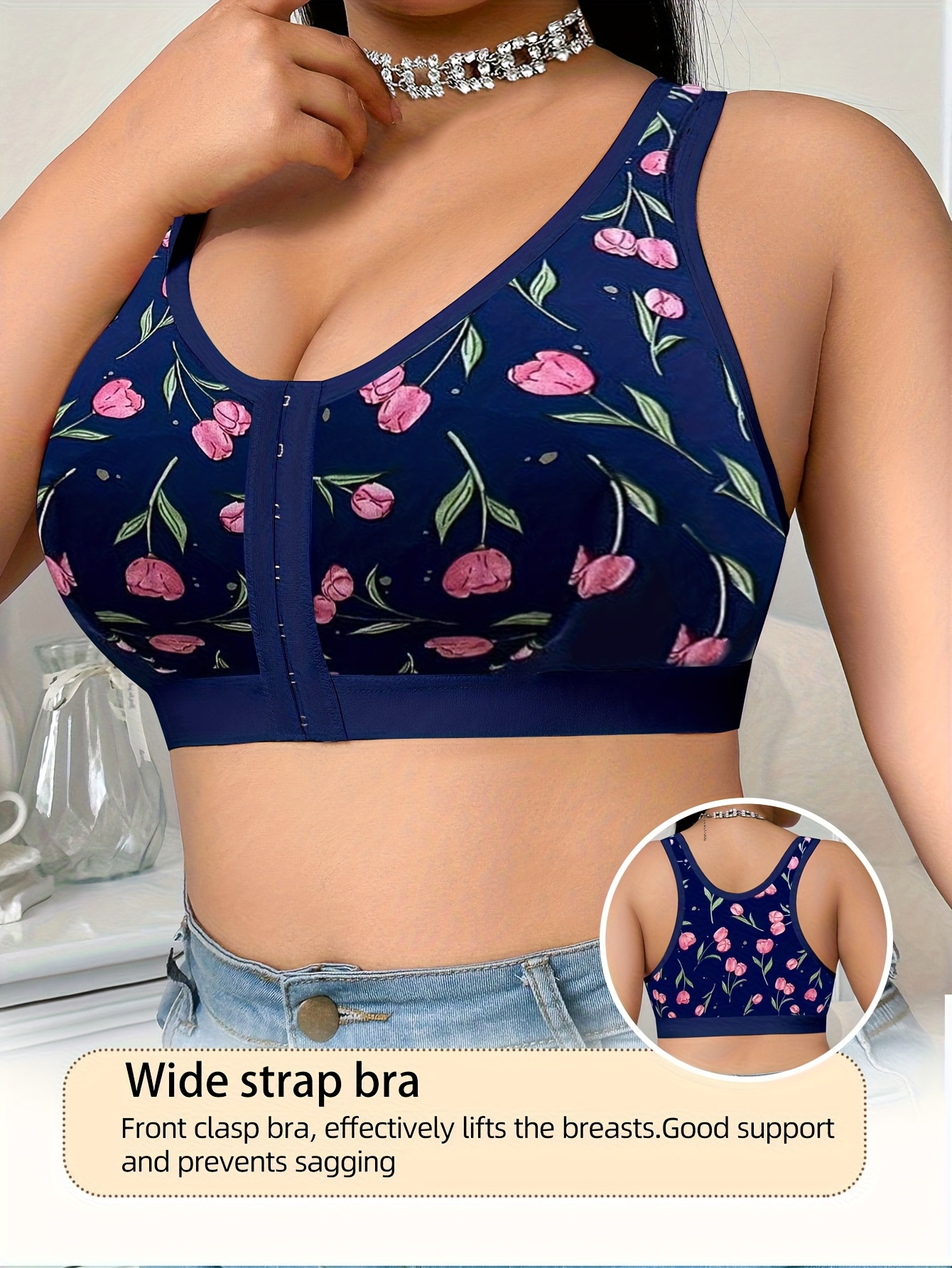 1  size womens bra underwire free floral print front closure push   support adjustable straps seamless casual   wear