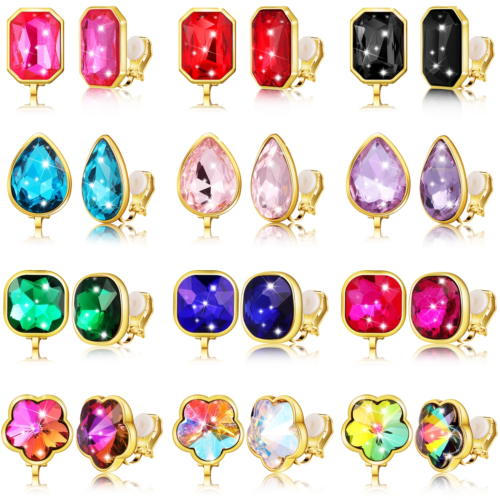 

12-pair Vibrant Birthstone Clip-on Earrings Set For Women - Glittering, Gemstones In Shapes & Sizes, Golden-tone Alloy, Ideal For Parties & Holidays