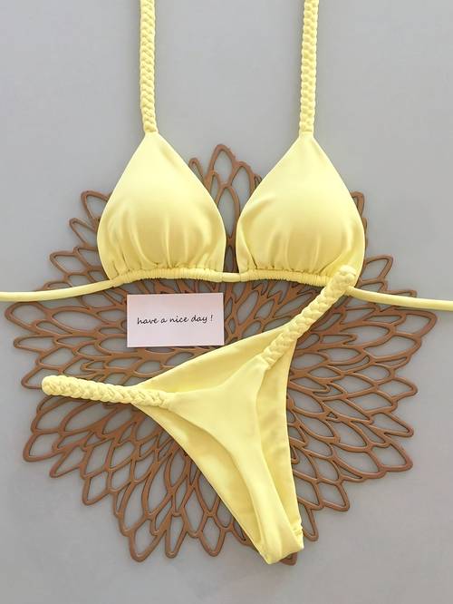 womens french yellow mature style bikini set braided halter design beach photo ready elegant swimwear