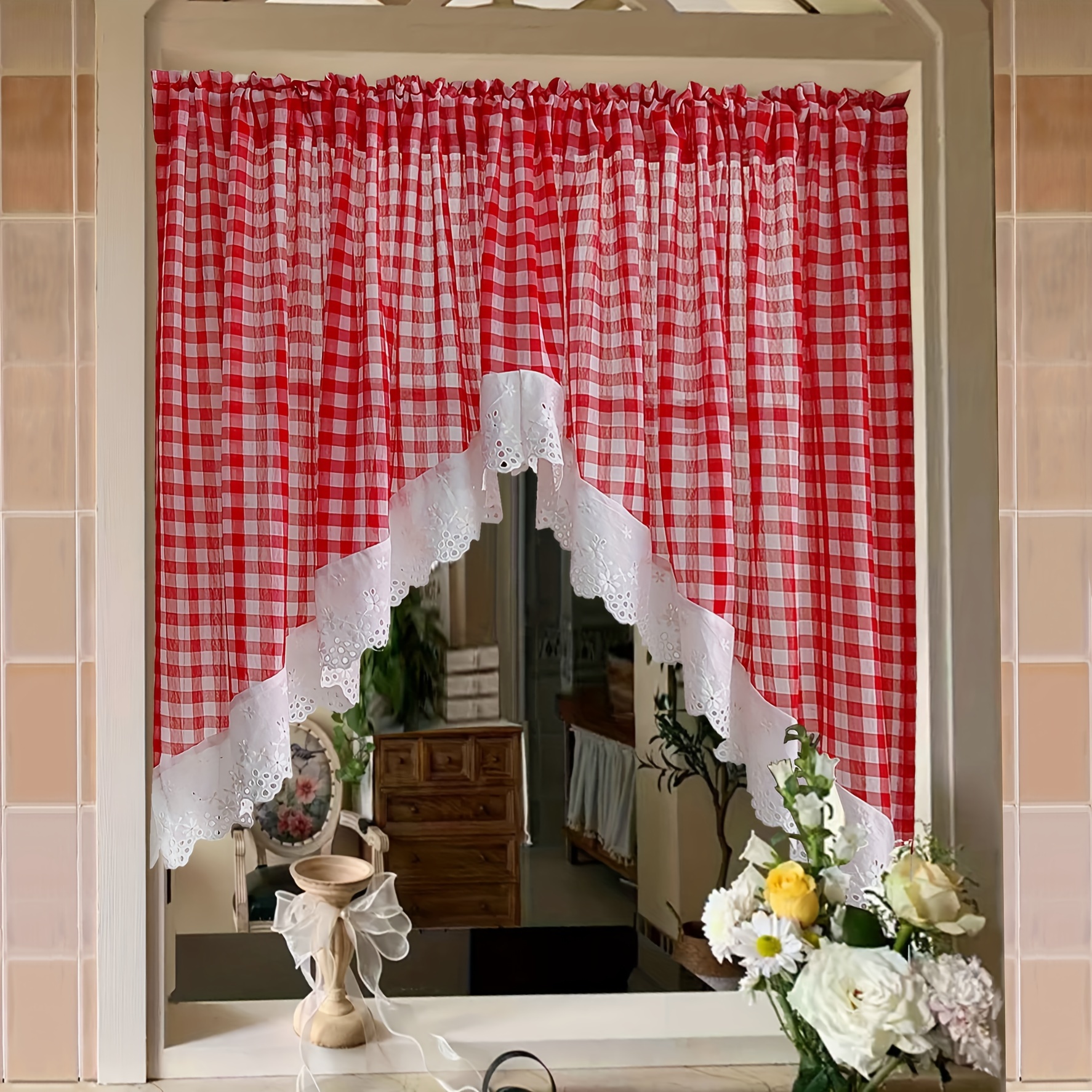 

And White Gingham Pocket Curtain: Kitchen, Cafe, Or Dining Room - , Filtered Light, And Floral Embroidery - Aifish Brand