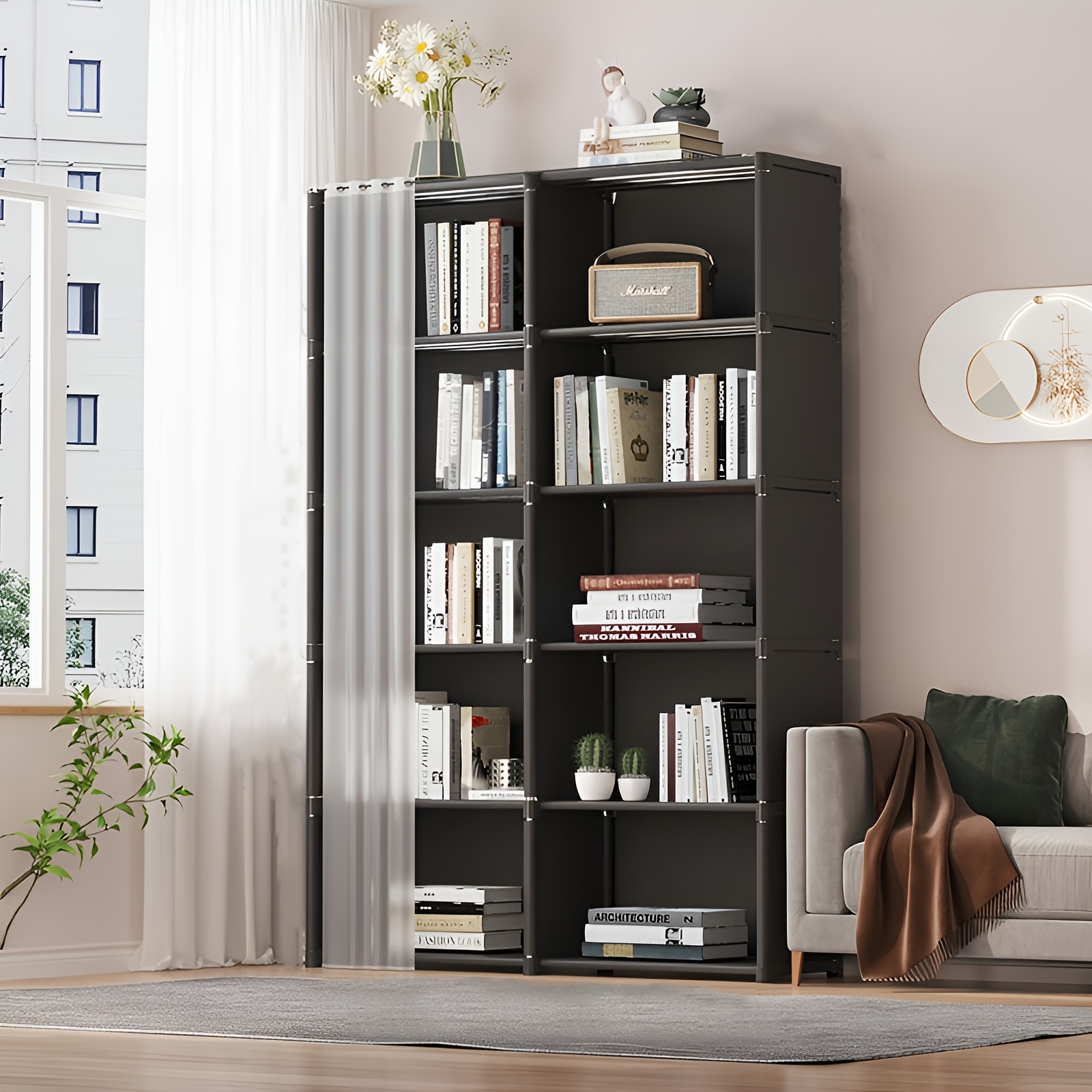 TEMU 6-lagiger Aufbewahrungsorganizer mit großem Fassungsvermögen, Bücherregal, Kleiderschrank mit staubdichtem Vitrinen-Schrank, stabile Regalböden,